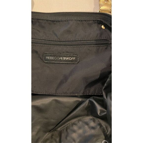 REBECCA MINKOFF NYLON BLACK LEATHER TRAVEL TOTE GOLD TRIM BOHO BAG - Picture 9 of 10